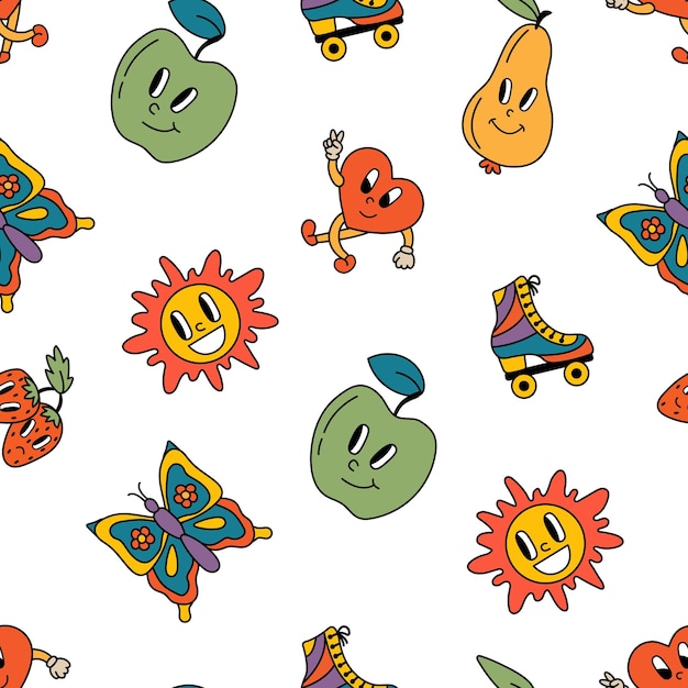 Retro seamless patterns, groovy hippie backgrounds. Cartoon funky print with pears, apples,