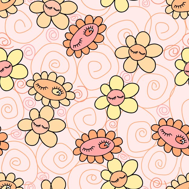 Vector retro seamless vector pattern with hippie style daisies on a beige background