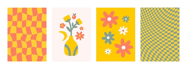 Retro set colorful backgrounds with groovy daisy flowers and distorted checkerboard