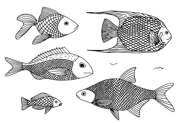 모든 목적을 위한 복고풍 세트 물고기 낙서 스타일의 멋진 디자인