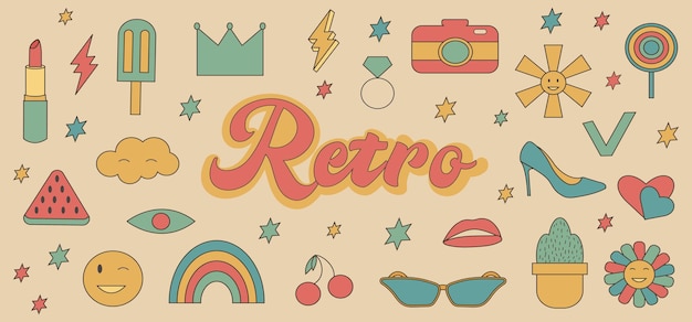 Vector retro set.groovy.70s.hippie element.vector illustratie