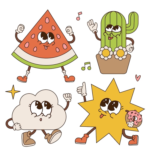 Retro set of summer groovy mascots funny characters of flower potted cactus sun cloud watermelon wit