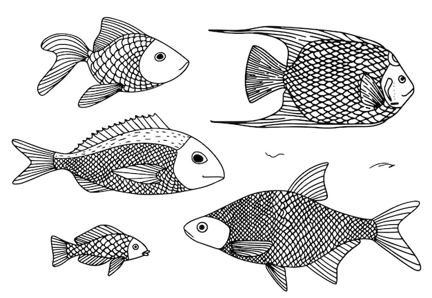 Retro set vis doodle stijl geweldig ontwerp voor elk doel