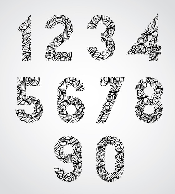 Vector retro shaped black numbers, old style numerals with hand drawn curly lines pattern, sketch funky curls doddle style drawing vector symbols. numbers designed specially, vector.