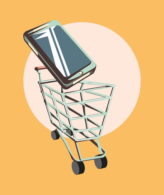 Vector retro shopping cart and cellphone vintage