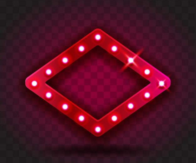 Retro show time rhombus frame signs realistic illustration. red rhombus frame with electric bulbs for performance, cinema, entertainment, casino, circus. transparent background