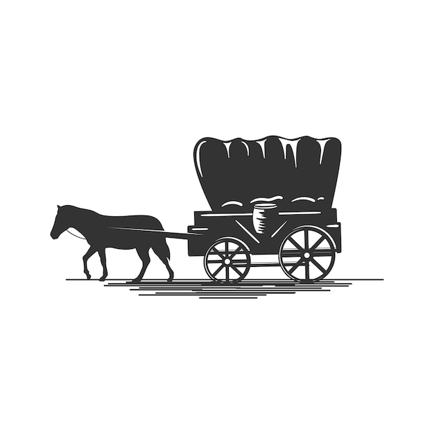 Vettore silhouette retrò di texas cowboy cart covered wagon western con illustrazione di cavalli