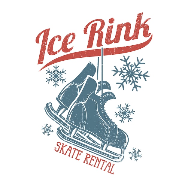 Retro skates hang on the inscription ice rink