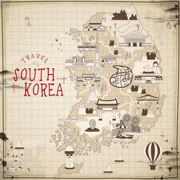 Retro South Korea travel map in flat style