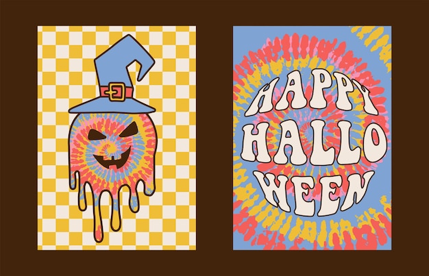 Retro ss hippie groovy halloween-posters met lachende gezichtletters en regenboog abstracte backg