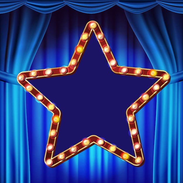 Vector retro star billboard vector. blue theater curtain. shining light sign board. realistic shine lamp frame. 3d electric glowing element. carnival, circus, casino style. illustration
