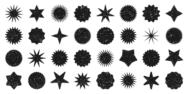 Vector retro stars grunge sunburst symbols vintage sunbeam icons black shopping labels sale or discount