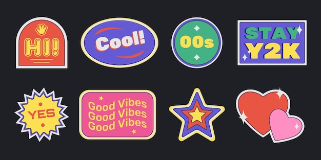 Retro sticker pack in Y2K aesthetic group of graphic design elements labels badges