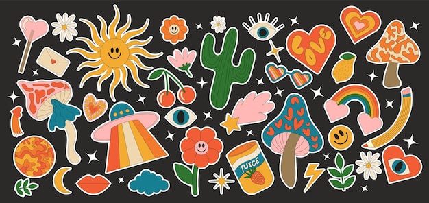 Retro stickers in 70s style psychedelic groovy elements Cartoon vintage set of vector elements