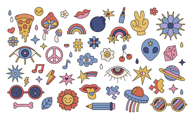 Vector retro stickers doodles psychedelische vintage clip art vredessymbool pizza hart zonnebril ufo