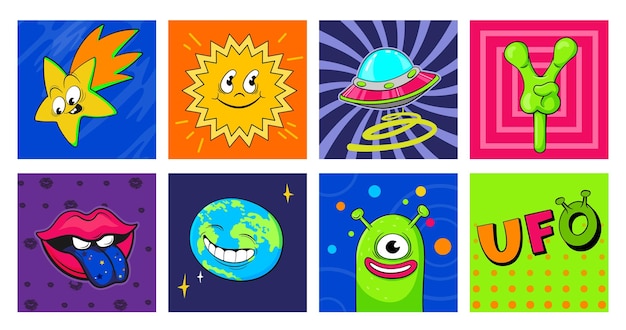 Retro stickers ufo space theme planets aliens spaceship in cartoon style vector illustration