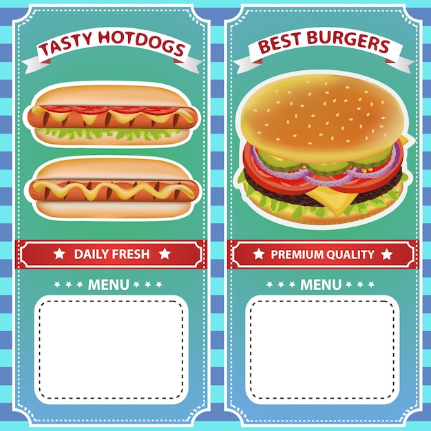 Vector retro-stijl heerlijke hamburger en hotdog café menu vectorillustratie kan worden gebruikt voor voedselmenu of posters ontwerp prints web en andere ambachten