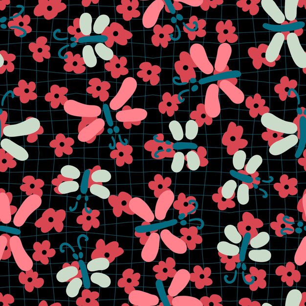 Vector retro stijl vlinders en madeliefje bloemen naadloos patroon perfecte print voor tshirt papier textiel en stof animalistische vector achtergrond voor decor en design