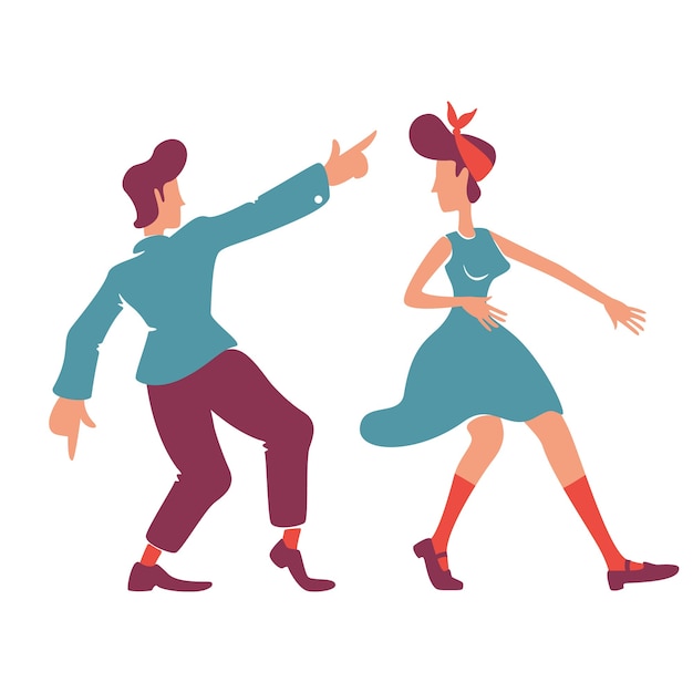 Vector retro-stijl vriendin en vriend egale kleur anonieme karakters. paar dansen boogie woogie, rock n roll. ouderwetse romantische date op disco party geïsoleerde cartoon afbeelding