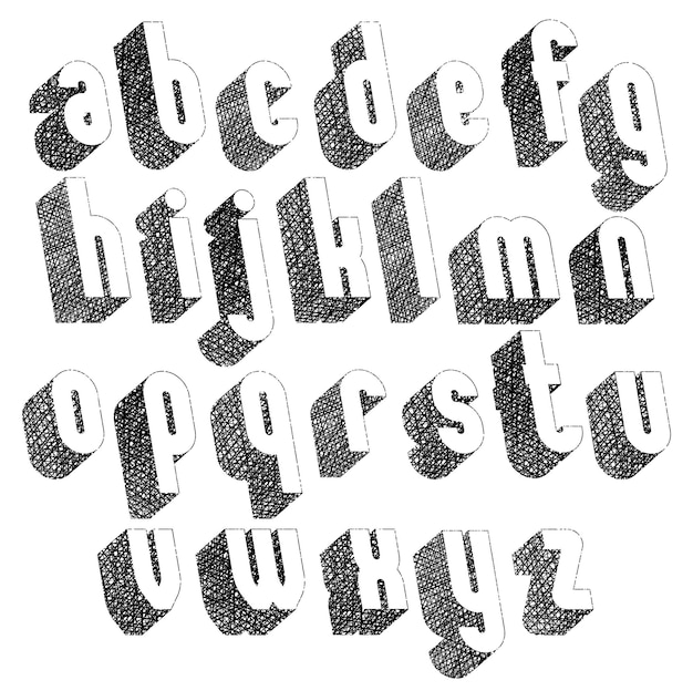 Retro style 3d font with hand drawn lines texture, lowercase set.