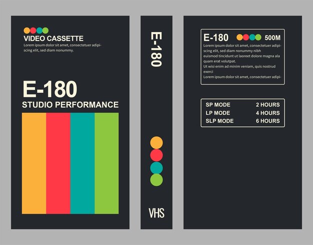 retro style 90s 80s black vhs cassette cover vector template mockup