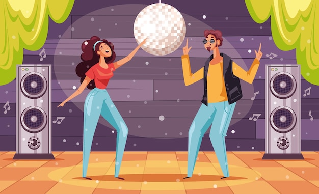 Retro style dressed people dancing in nightclub composition cartoon design element