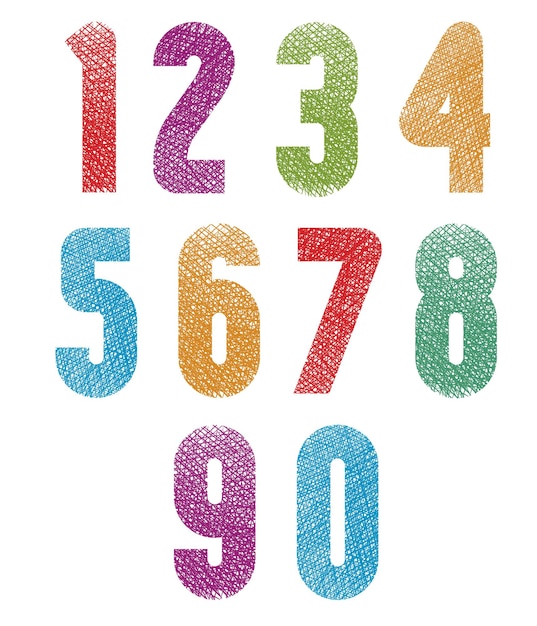 Retro style geometric bold rounded numbers set with hand drawn lines texture.