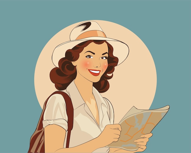 Вектор Иллюстрация в ретро-стиле женщина-путешественник с картой
