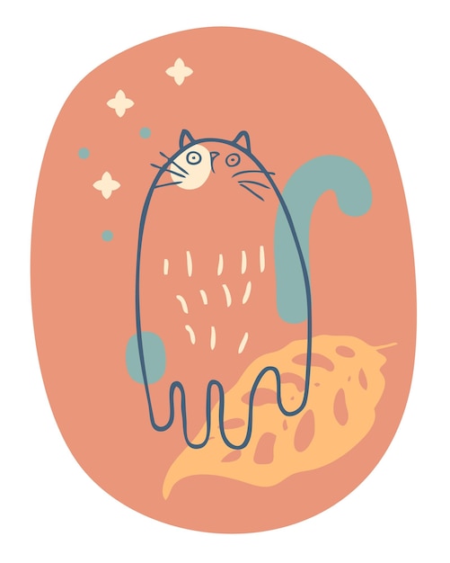 Плакат в стиле ретро с забавным кошачьим листом монстера и звездами Идеальный отпечаток для наклейки на открытку на футболке Векторная иллюстрация
