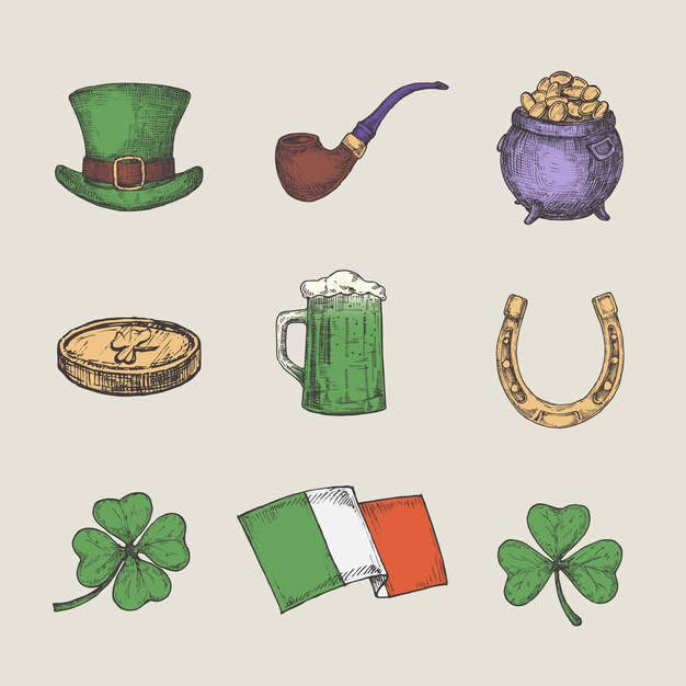 Vector retro style saint patricks illustrations collection. hand drawn leprechaun hat, coins, shamrock, irish flag, and beer sketch symbols or icons set. irish holiday emblems bundle. isolated.