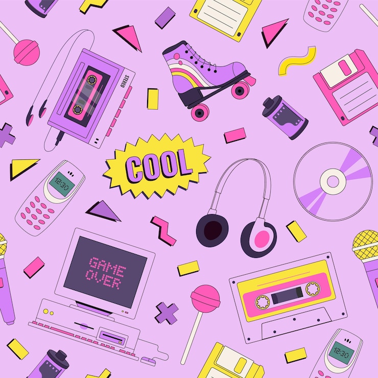 Vector retro style seamless pattern with 90s items elements nostalgia for 1990s pop art print