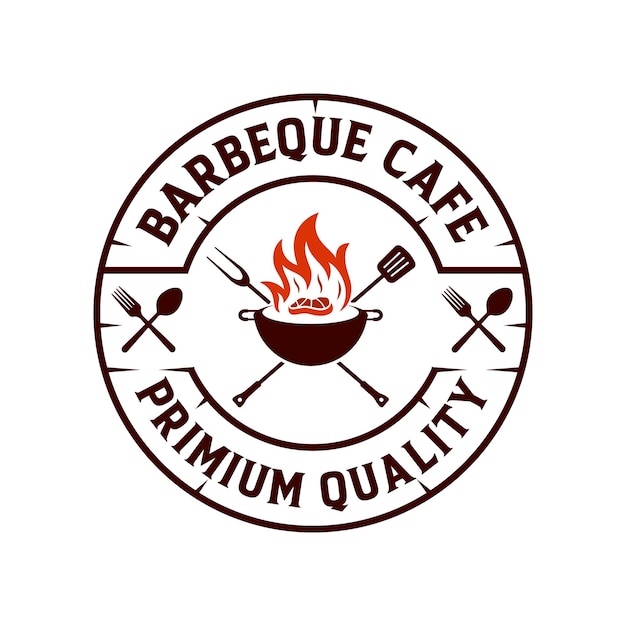 Retro style vintage badge Restaurant Logo icon of BBQ Grill and Bar with fire illustration