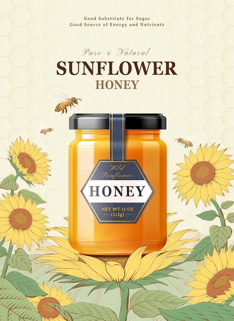 Vector retro styled sunflower honey ads