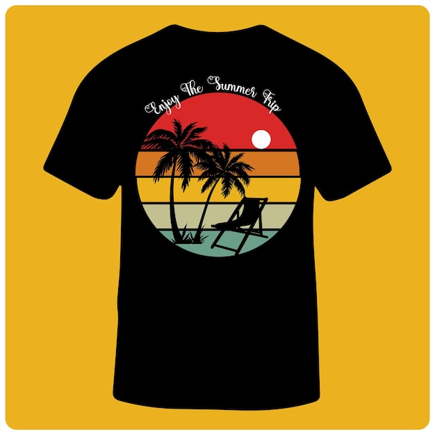 A retro summer black t shirt with a palm tree on it