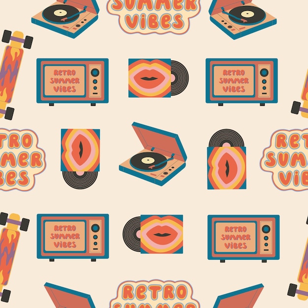 Retro summer pattern with groovy Vintage elements