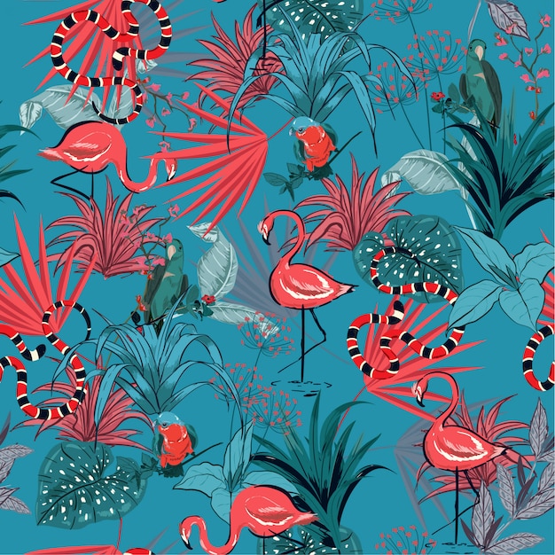 Retro Summer Tropical  flowers, seamless vector