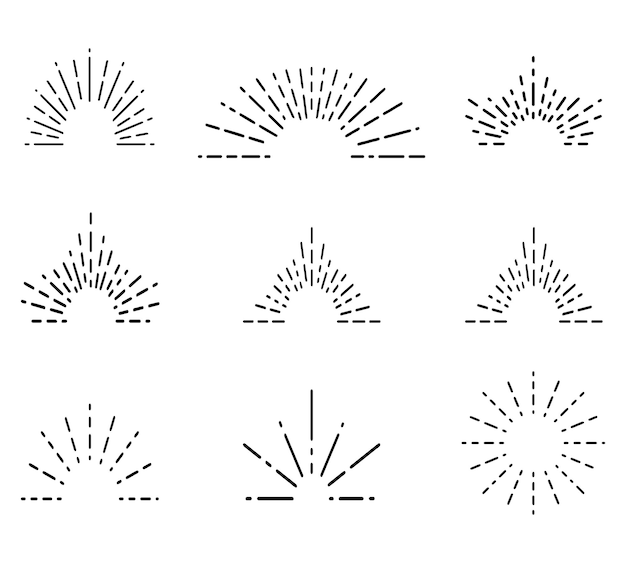 Retro sunburst sunrise raggi semi circolare sunburst scintilla fuochi d'artificio starburst design set line