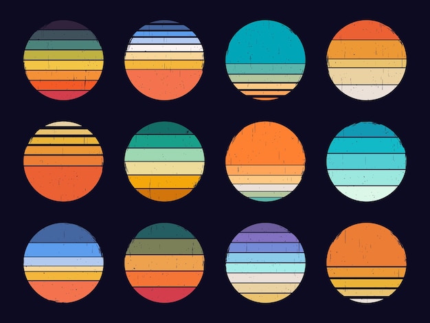 レトロな夕日、抽象的な80年代スタイルのグランジストライプの夕日。ロゴやプリントデザイン要素ベクトルセットのヴィンテージカラフルな縞模様の円。トロピカルサンシャインtシャツプリントの丸いシンボル
