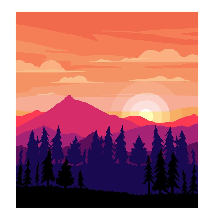 Vector retro sunset in the mountains with pine trees colored landscape with silhouettes vector illustration