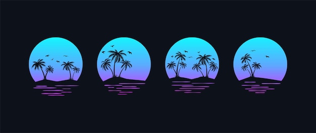 Retro sunset set with black palm tree silhouettes isolated on black background Vector EPS 10