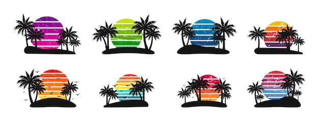 Vector retro sunset set with palm tree