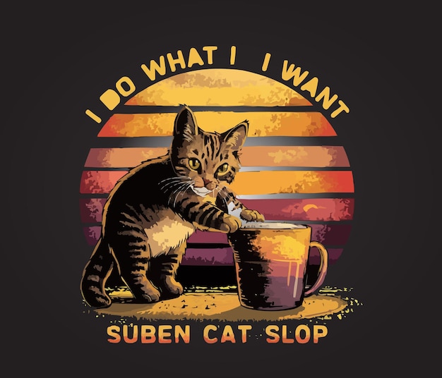 레트로 선 스타일의 고양이가 컵을 밀고 재미있는 고양이 애호가 티셔츠 디자인은 내가 원하는 것을 할 수 있다고 말합니다.