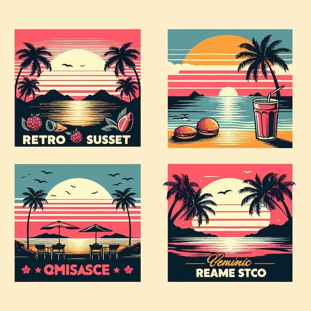 Retro sunsets in 80s and 90s style abstract sun at beach background with sunny vector and tshirt