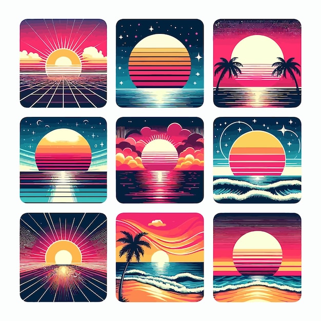ベクトル レトロ風の夕暮れ 80's & 90's スタイル ビーチの背景に抽象的な太陽と太陽のベクトルとtシャツ