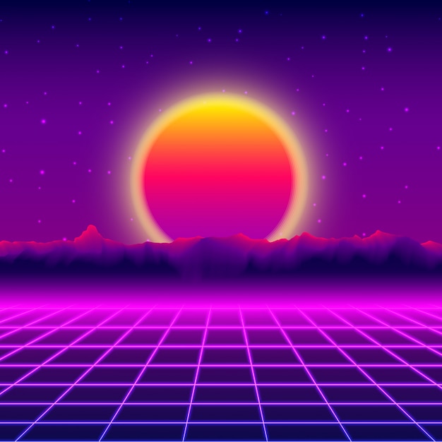 레트로 Synthwave 빛나는 네온 조명 비행기