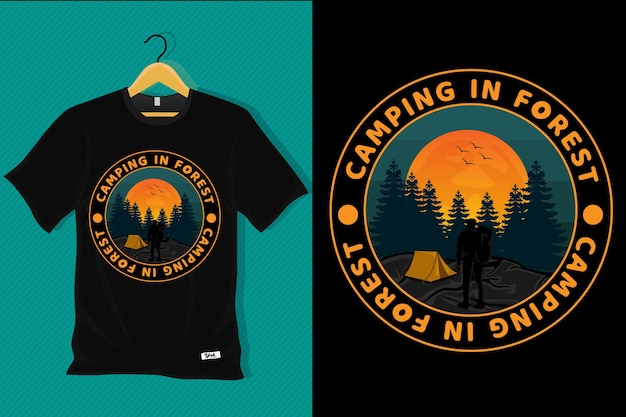 Retro t-shirtontwerp kamperen in het bos