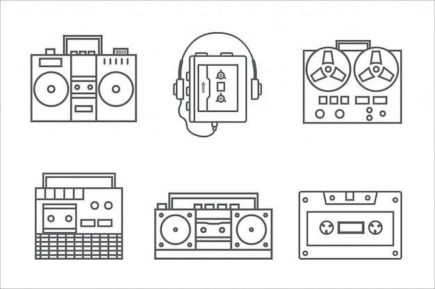 Retro tape recorder linear icon collection