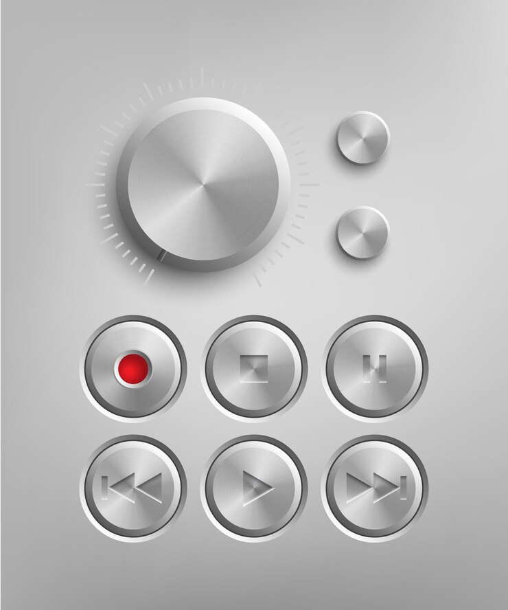 Vector retro technic interface set of metal buttons