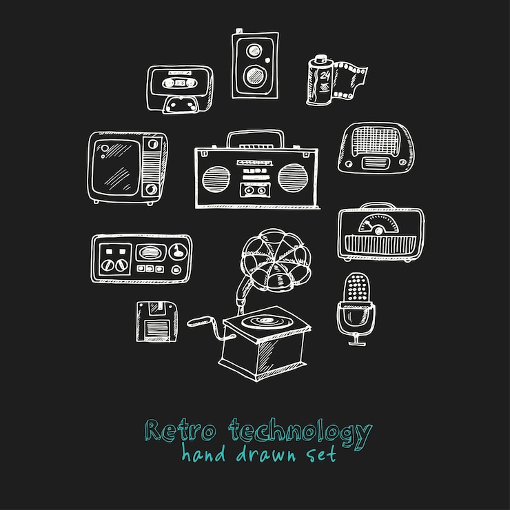 Vector retro technology hand drawn set