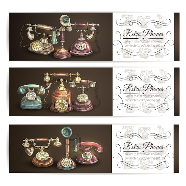 Retro telefoon schets banners met vintage draaiknop en kandelaar telefoons